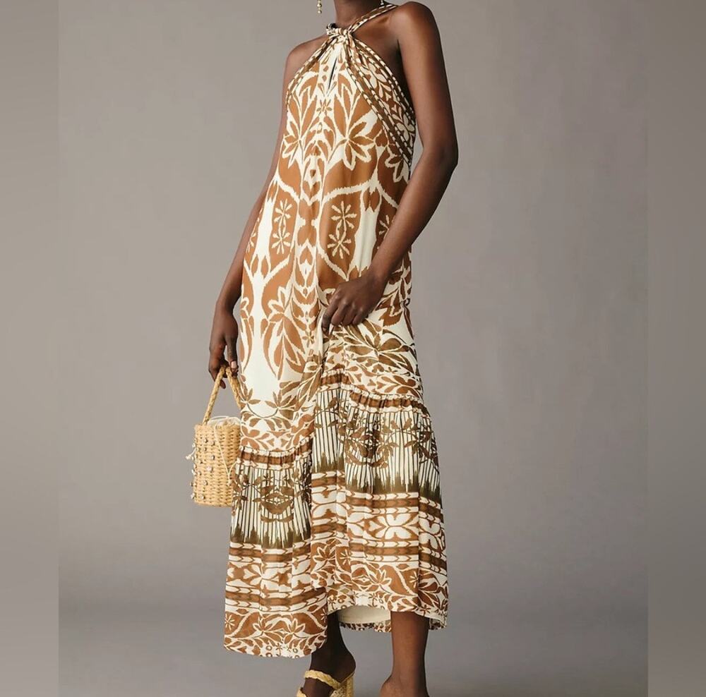 Vineet Bahl for Anthropologie Printed Brown Halter Dress